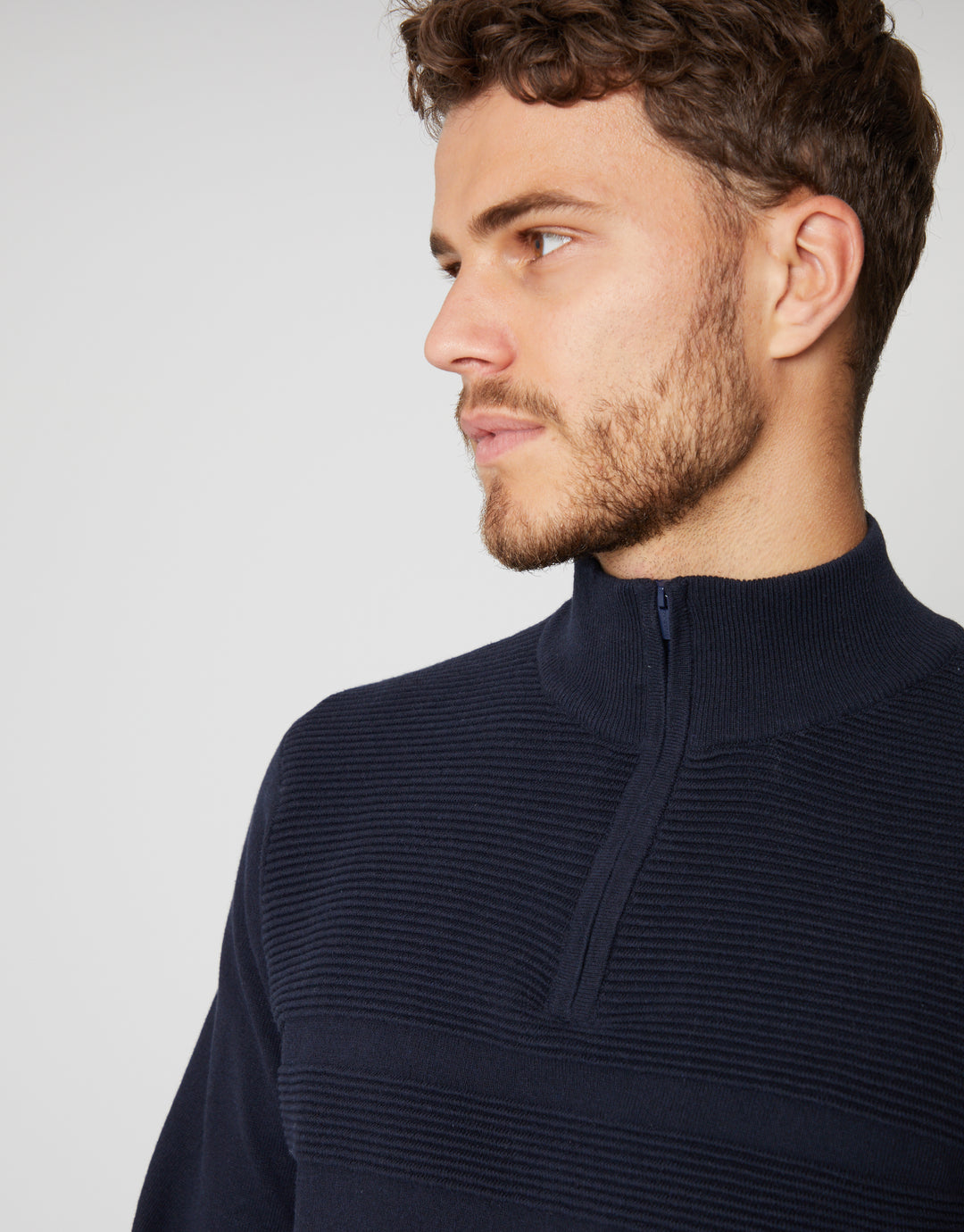 Navy Rib Detail Knitted Quarter Zip Jumper