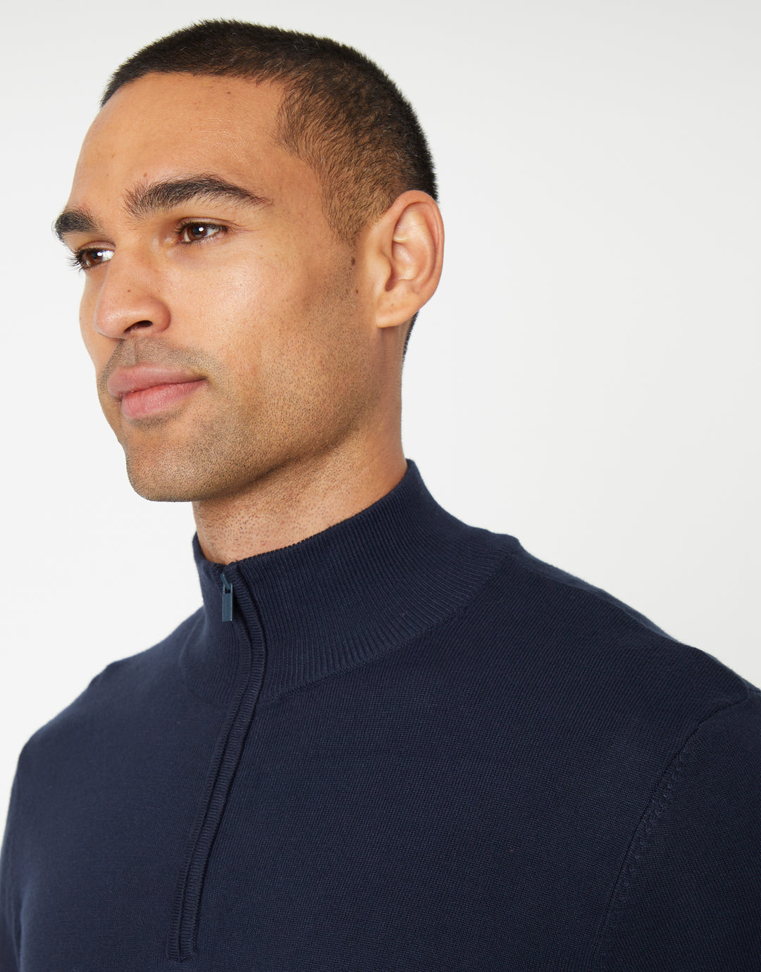 Threadbare Funnel Neck Quarter Zip Knitted Jumper in Navy - neckline close up