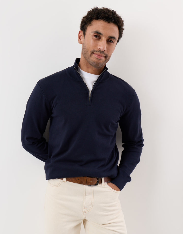 Threadbare Funnel Neck Quarter Zip Knitted Jumper in Navy - front view