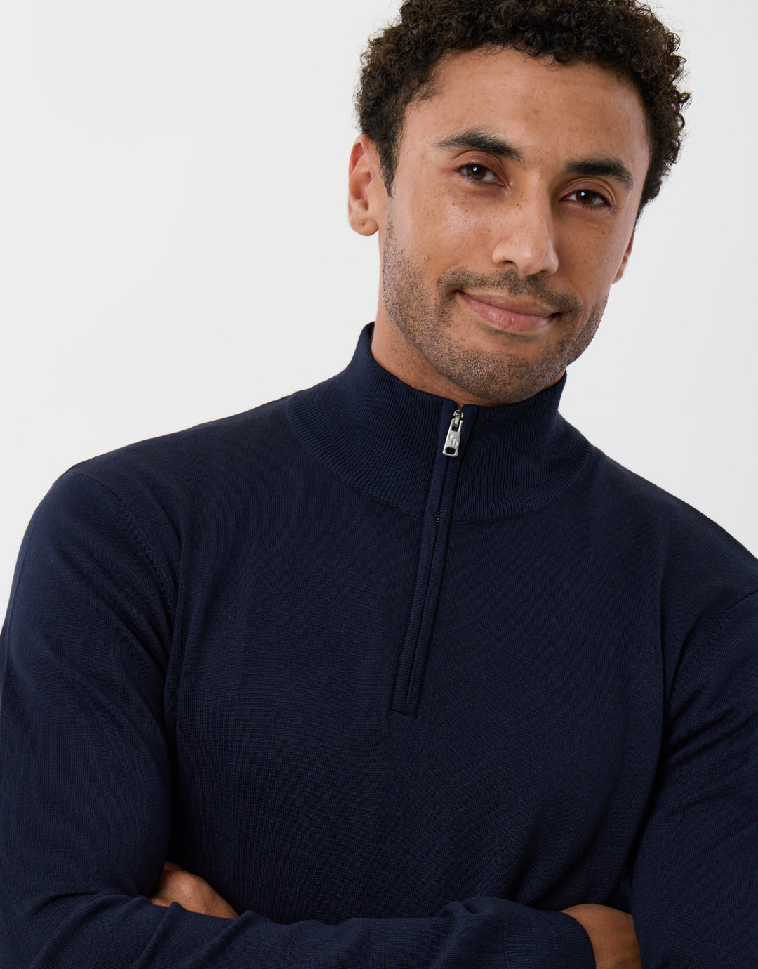 Threadbare Funnel Neck Quarter Zip Knitted Jumper in Navy - close up