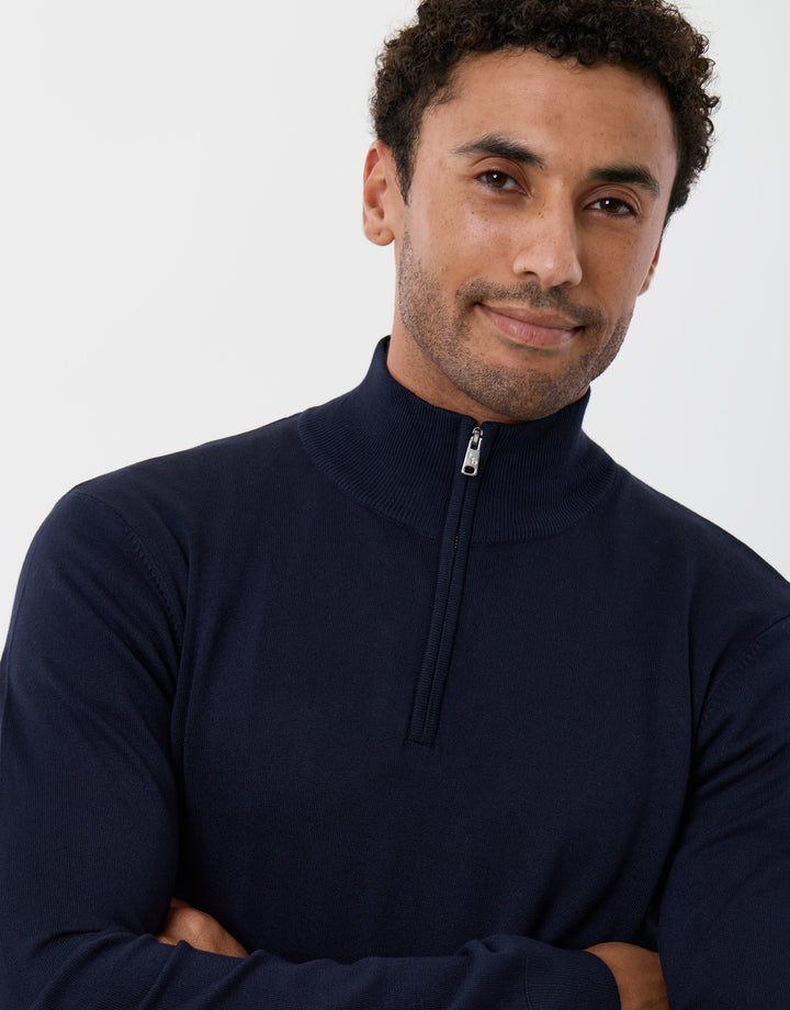 Threadbare Funnel Neck Quarter Zip Knitted Jumper in Navy - close up