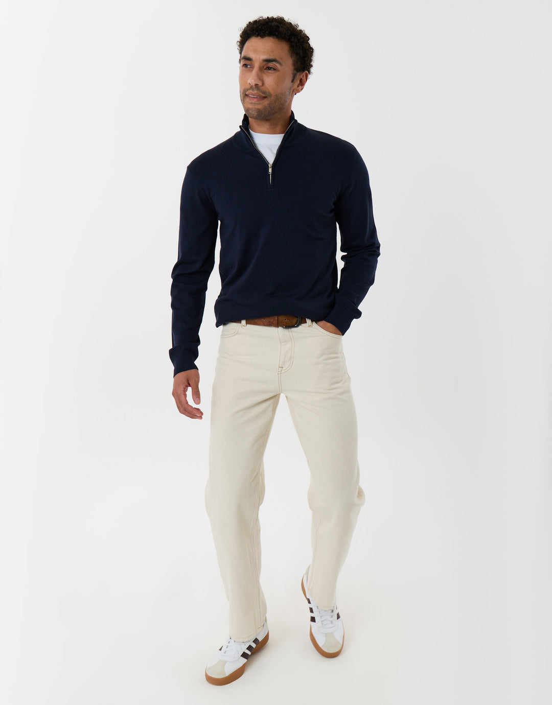 Threadbare Funnel Neck Quarter Zip Knitted Jumper in Navy - full body