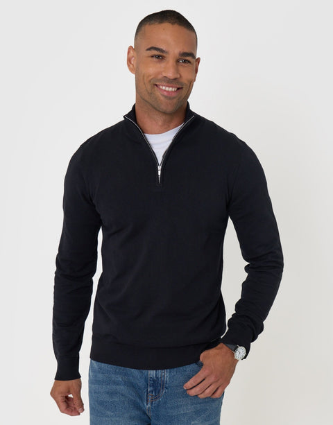 Threadbare Funnel Neck Quarter Zip Knitted Jumper in Black - front view