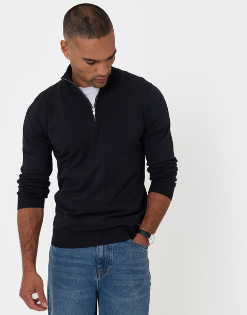 Threadbare Funnel Neck Quarter Zip Knitted Jumper in Black - detail