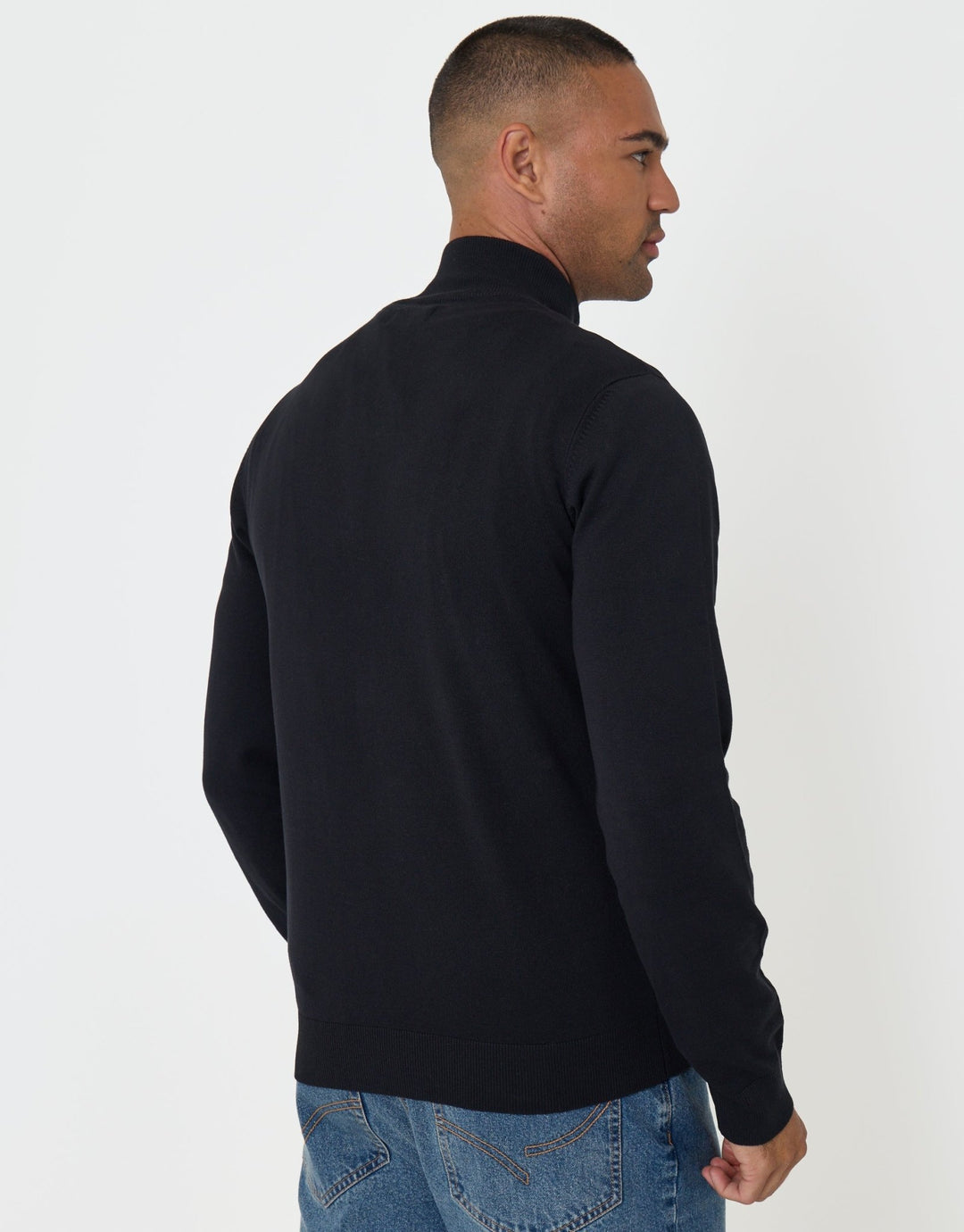 Threadbare Funnel Neck Quarter Zip Knitted Jumper in Black - back view