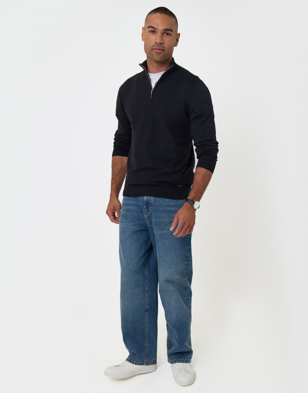 Threadbare Funnel Neck Quarter Zip Knitted Jumper in Black - full body