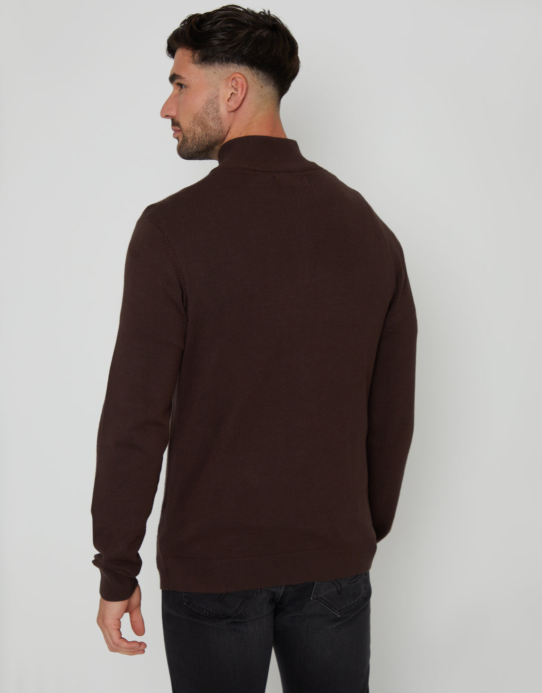 Brown Funnel Neck Quarter Zip Knitted Jumper