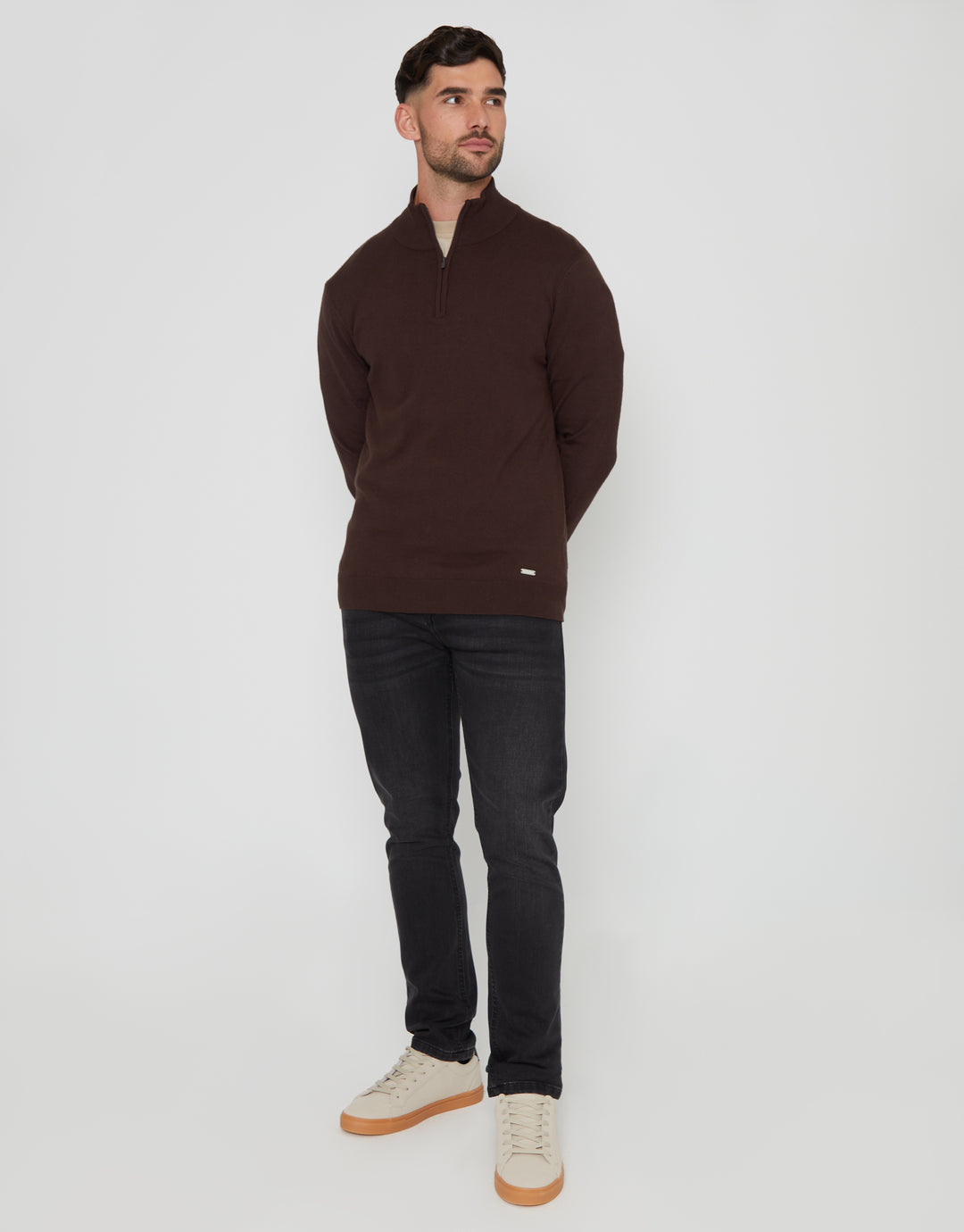 Brown Funnel Neck Quarter Zip Knitted Jumper