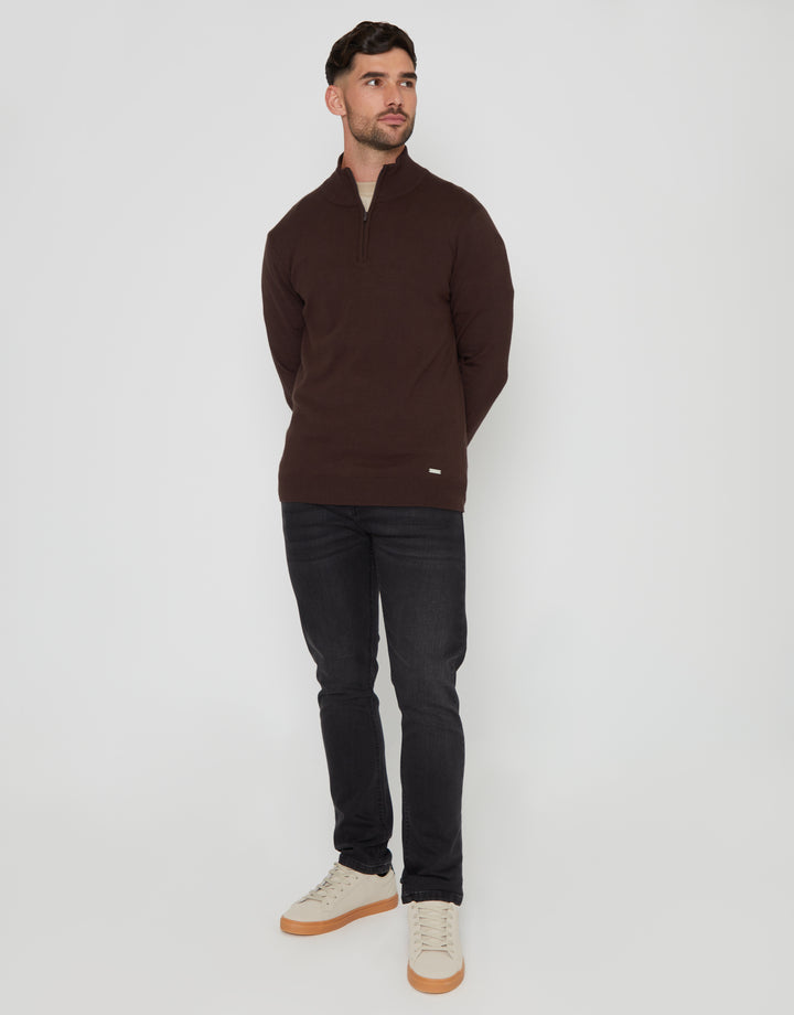 Brown Funnel Neck Quarter Zip Knitted Jumper