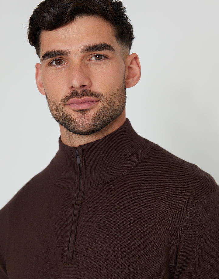 Brown Funnel Neck Quarter Zip Knitted Jumper
