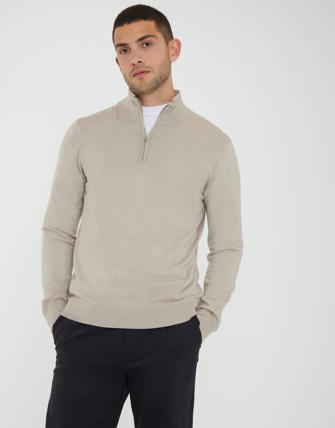 Ecru Funnel Neck Quarter Zip Knitted Jumper
