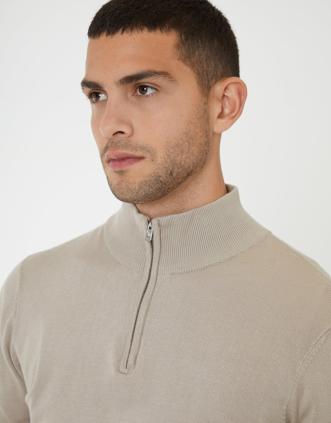 Ecru Funnel Neck Quarter Zip Knitted Jumper