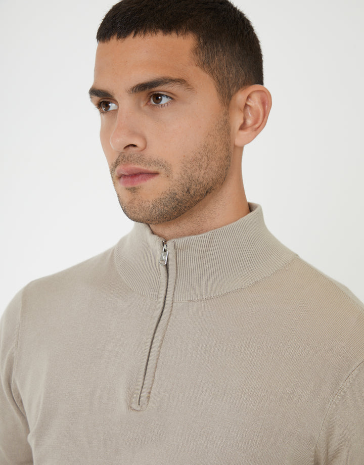 Ecru Funnel Neck Quarter Zip Knitted Jumper