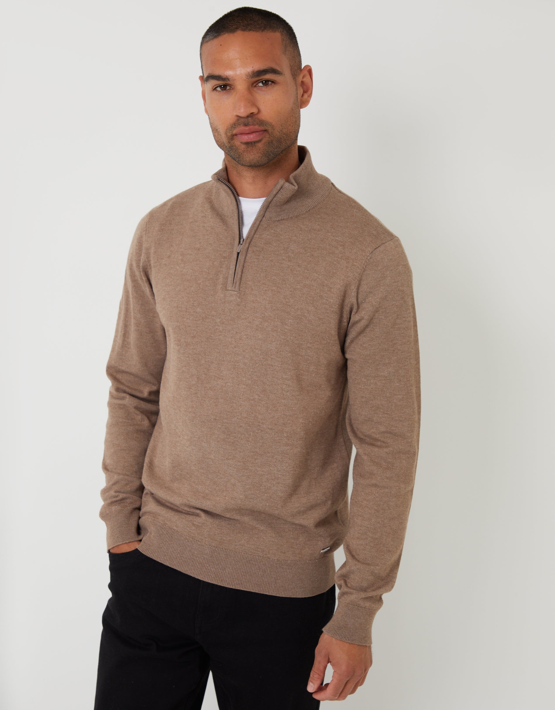 SCULPTOR トップス ベージュ M Threadbare Men's Taupe Marl Funnel Neck Quarter Zip Knitted Jumper