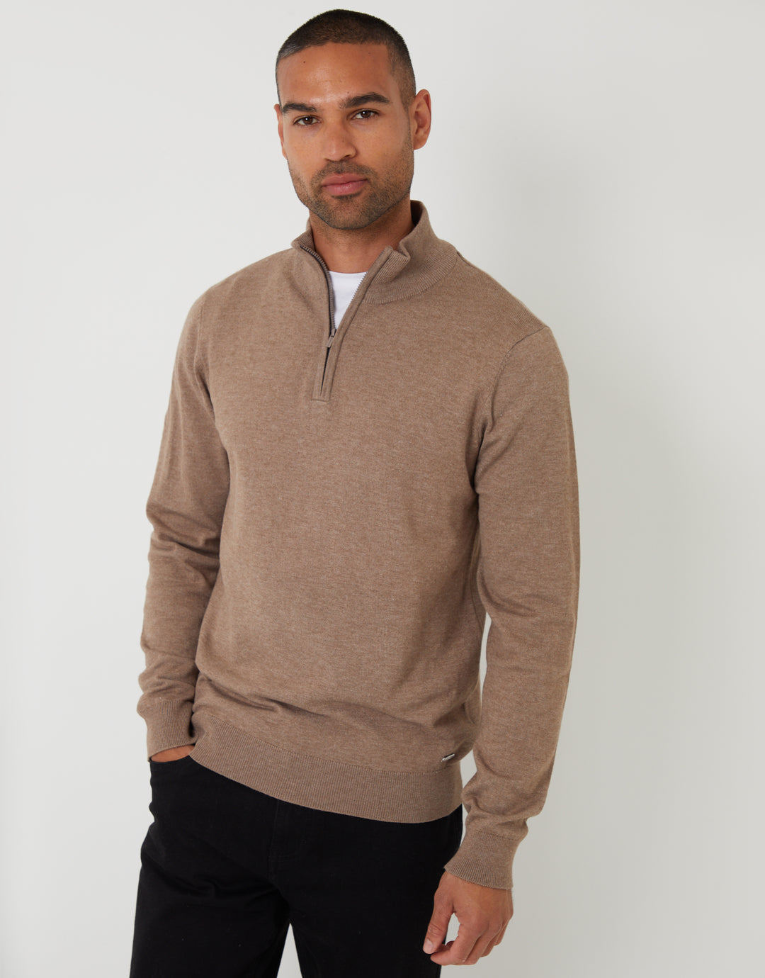 Taupe Marl Funnel Neck Quarter Zip Knitted Jumper