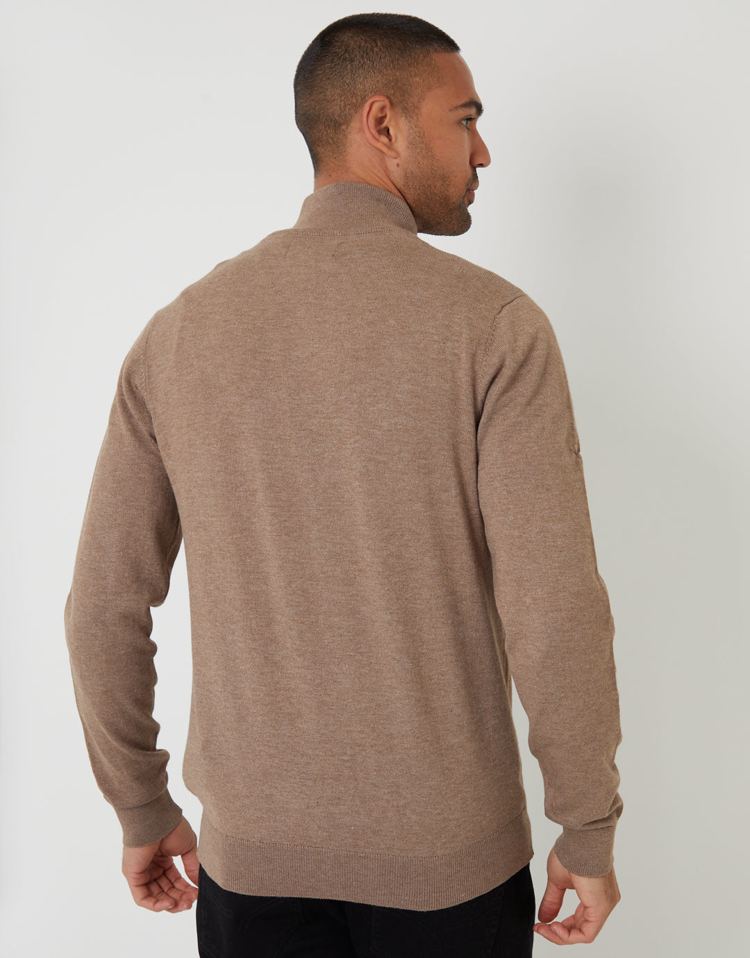 Taupe Marl Funnel Neck Quarter Zip Knitted Jumper