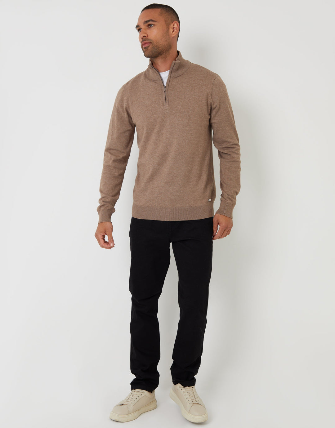 Taupe Marl Funnel Neck Quarter Zip Knitted Jumper
