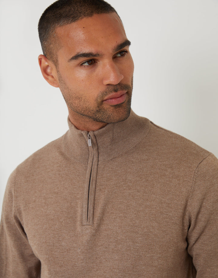 Taupe Marl Funnel Neck Quarter Zip Knitted Jumper