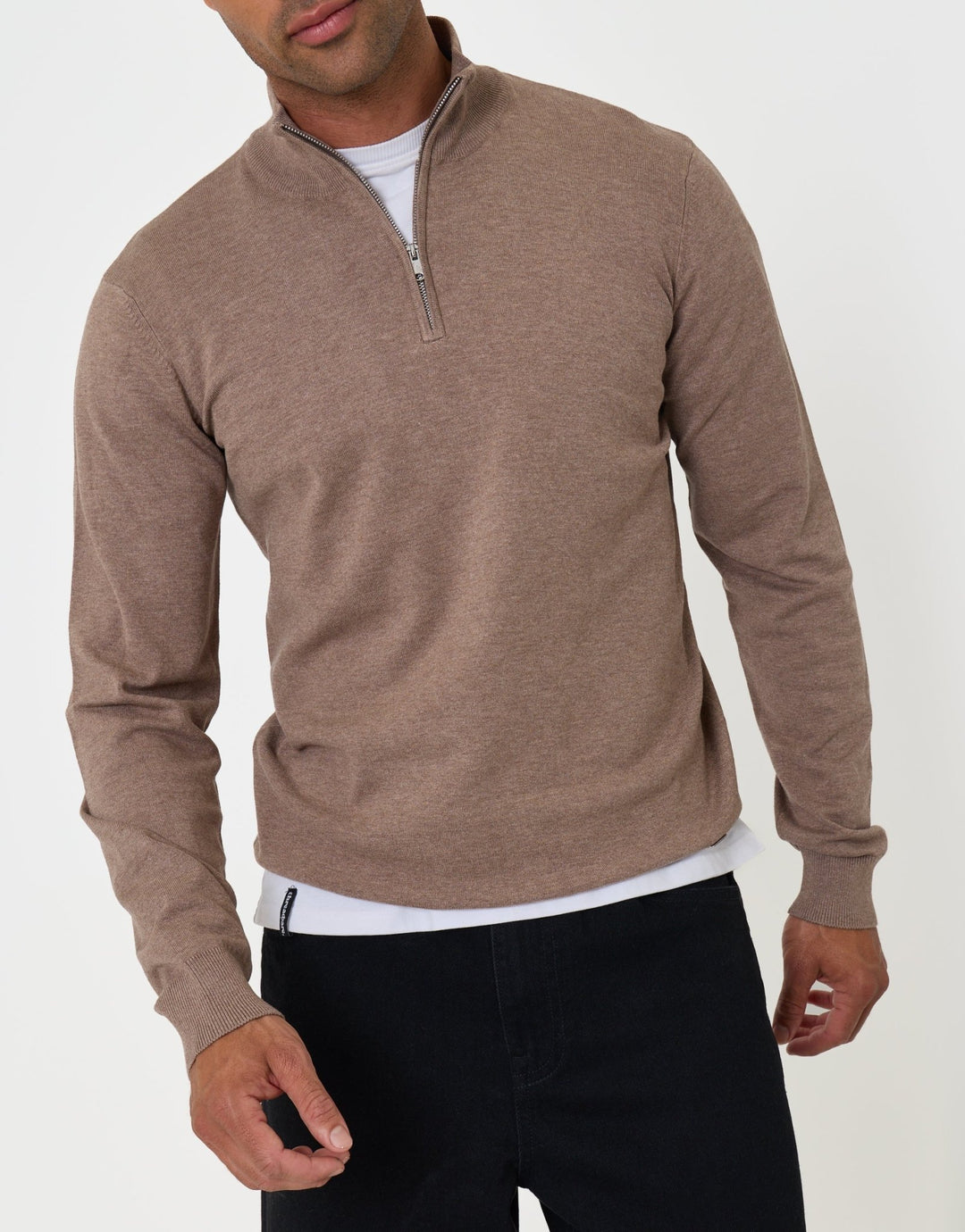 Threadbare Funnel Neck Quarter Zip Knitted Jumper in Taupe Marl - front view 