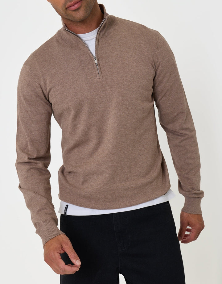 Threadbare Funnel Neck Quarter Zip Knitted Jumper in Taupe Marl - front view 
