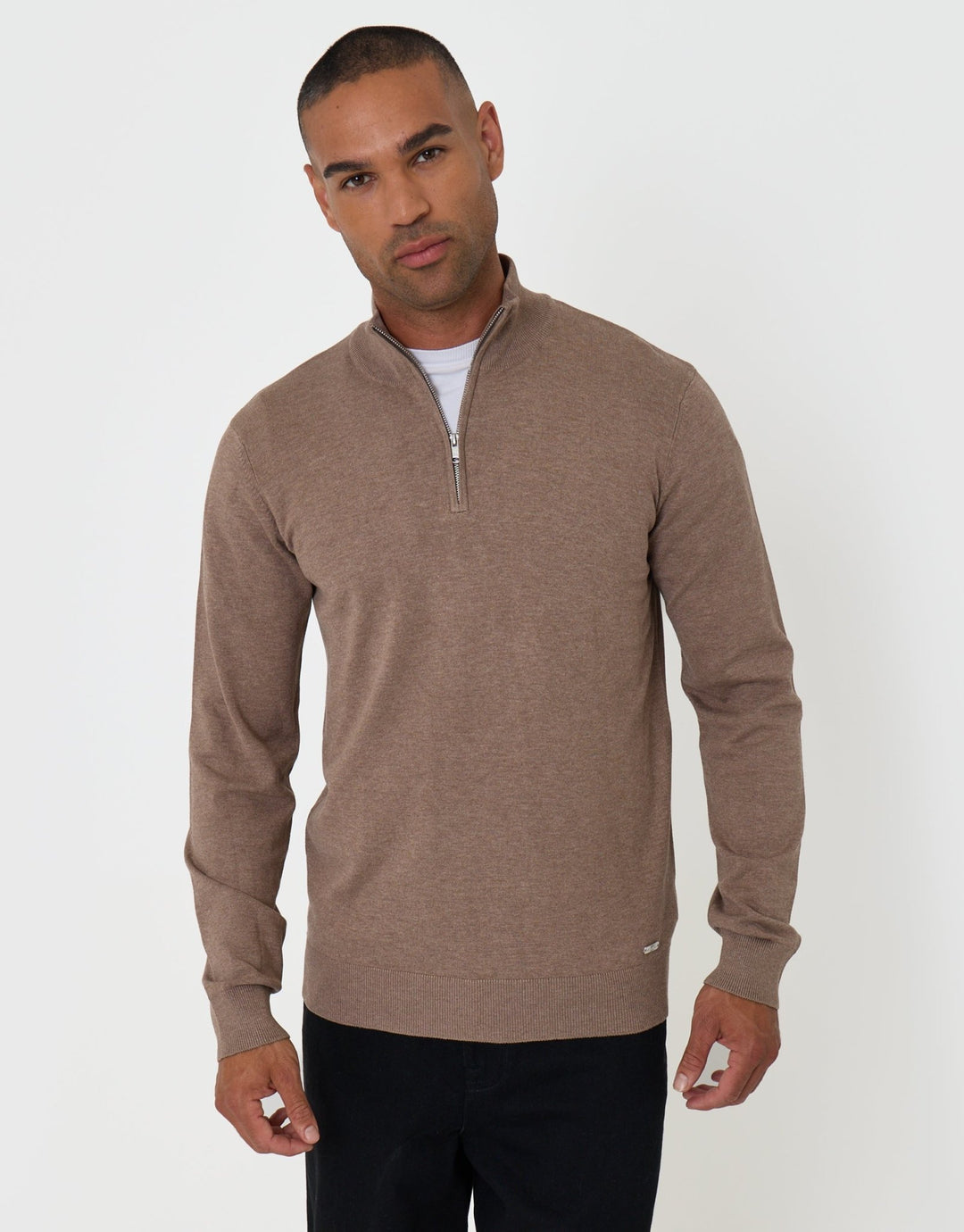 Threadbare Funnel Neck Quarter Zip Knitted Jumper in Taupe Marl - front view pose