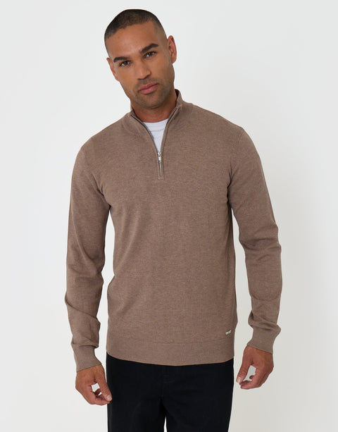 Threadbare Funnel Neck Quarter Zip Knitted Jumper in Taupe Marl - front view pose