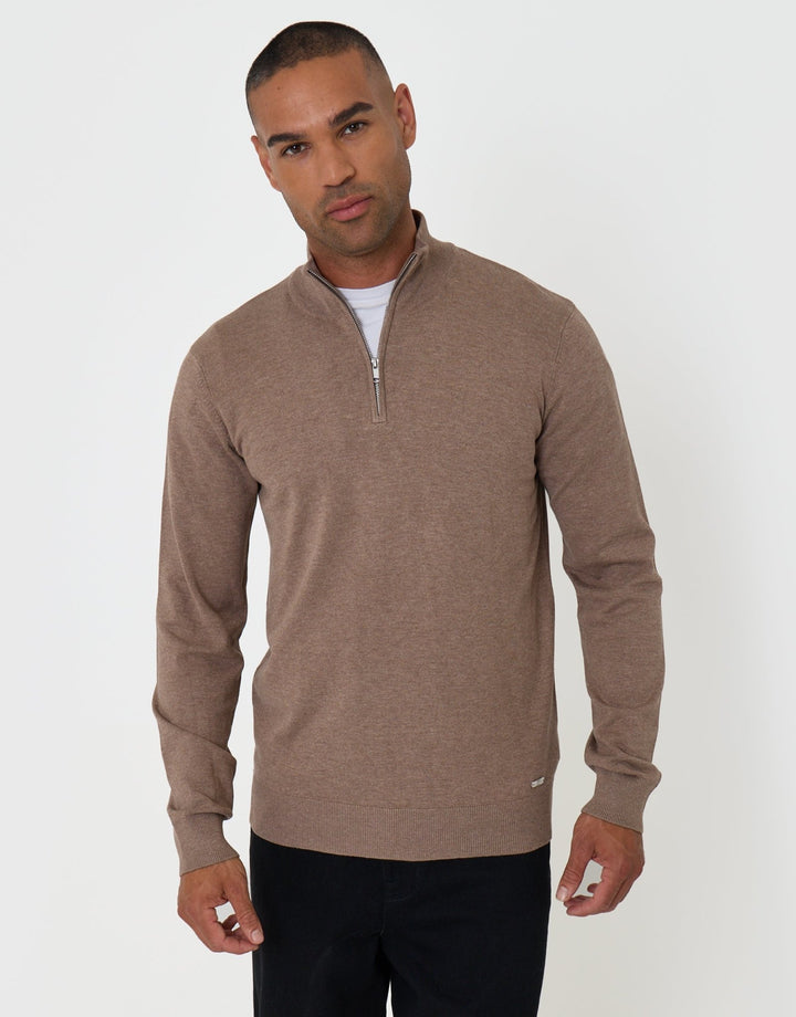 Threadbare Funnel Neck Quarter Zip Knitted Jumper in Taupe Marl - front view pose