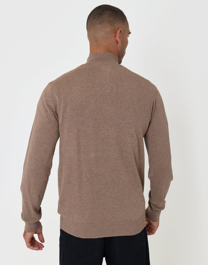 Threadbare Funnel Neck Quarter Zip Knitted Jumper in Taupe Marl - back view