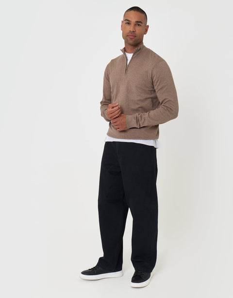 Threadbare Funnel Neck Quarter Zip Knitted Jumper in Taupe Marl - full body