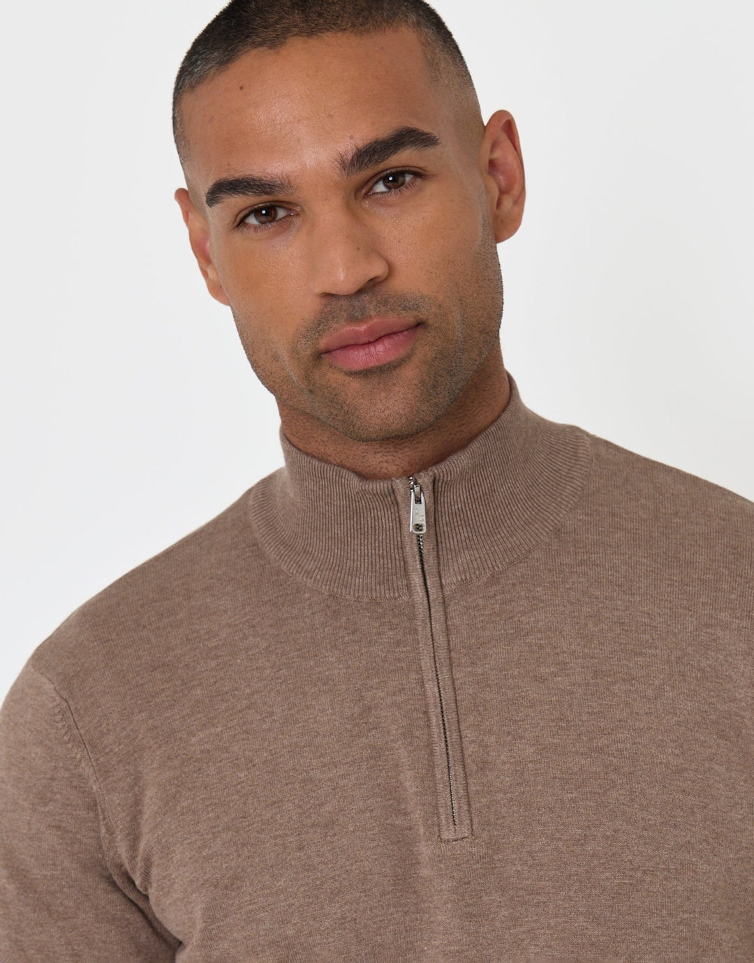 Threadbare Funnel Neck Quarter Zip Knitted Jumper in Taupe Marl - close up