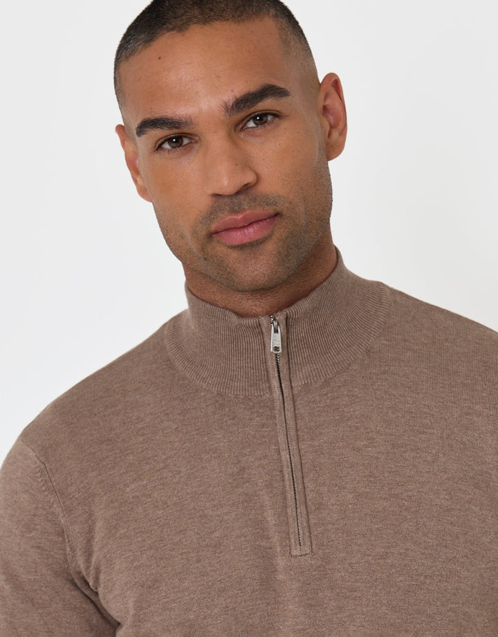 Threadbare Funnel Neck Quarter Zip Knitted Jumper in Taupe Marl - close up
