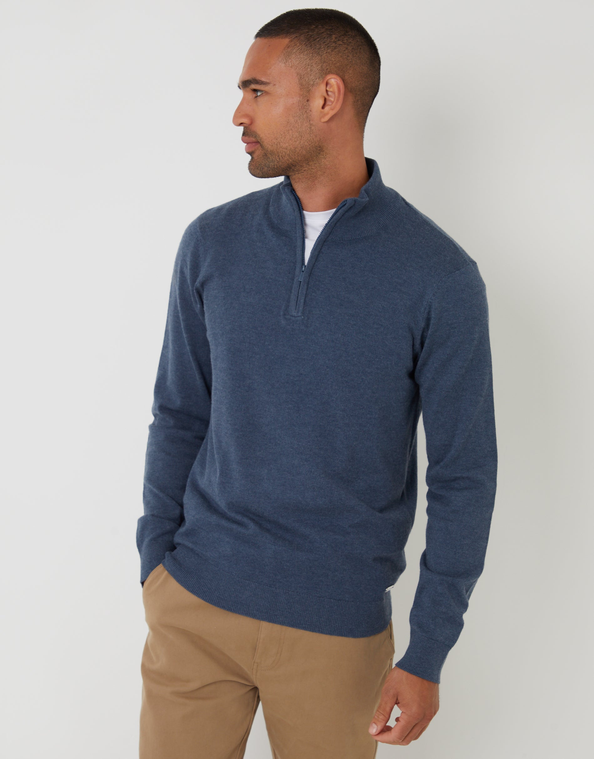 Funnel Neck Quarter Zip Knitted Jumper in Denim Marl Blue
