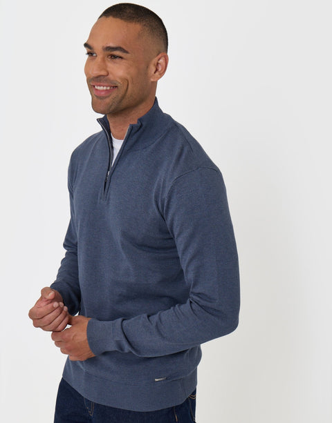Threadbare Funnel Neck Quarter Zip Knitted Jumper in Denim Blue Marl - front view