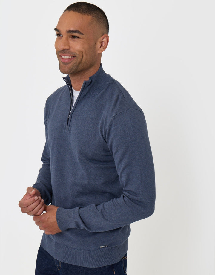 Threadbare Funnel Neck Quarter Zip Knitted Jumper in Denim Blue Marl - front view
