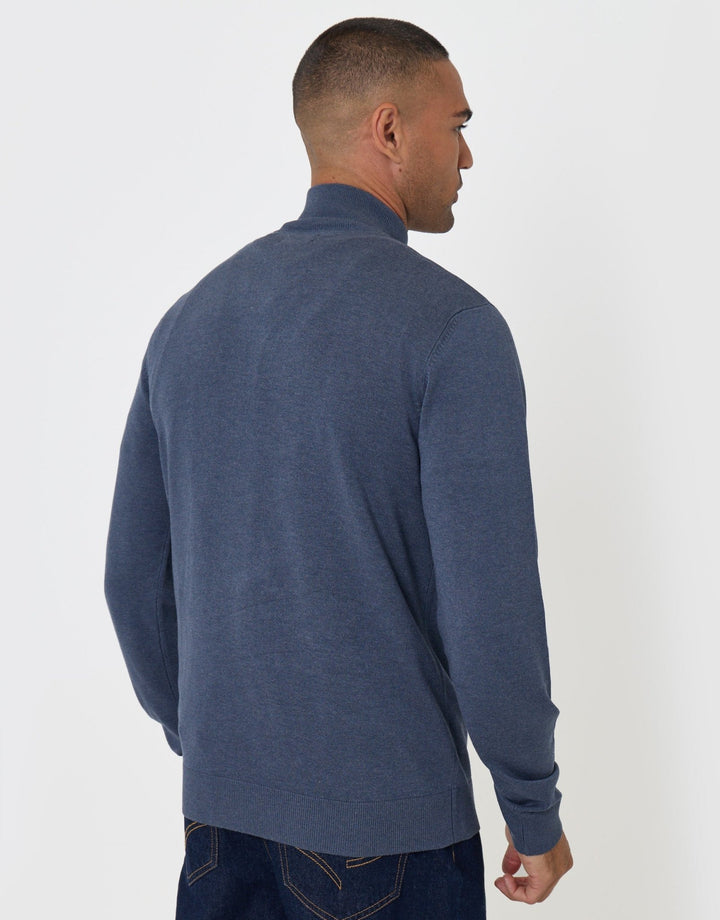 Threadbare Funnel Neck Quarter Zip Knitted Jumper in Denim Blue Marl - back view