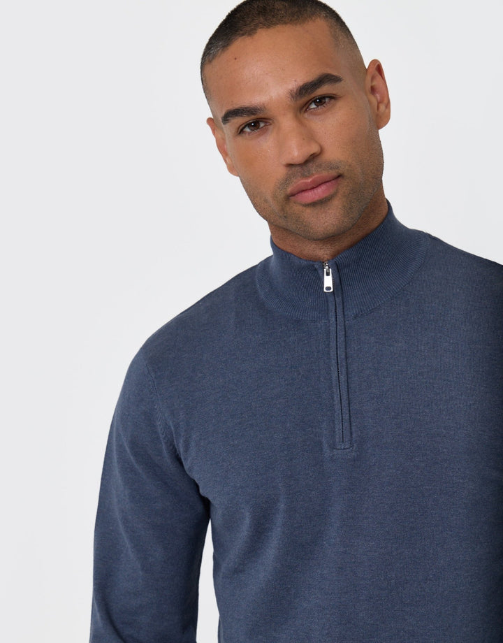 Threadbare Funnel Neck Quarter Zip Knitted Jumper in Denim Blue Marl - close up