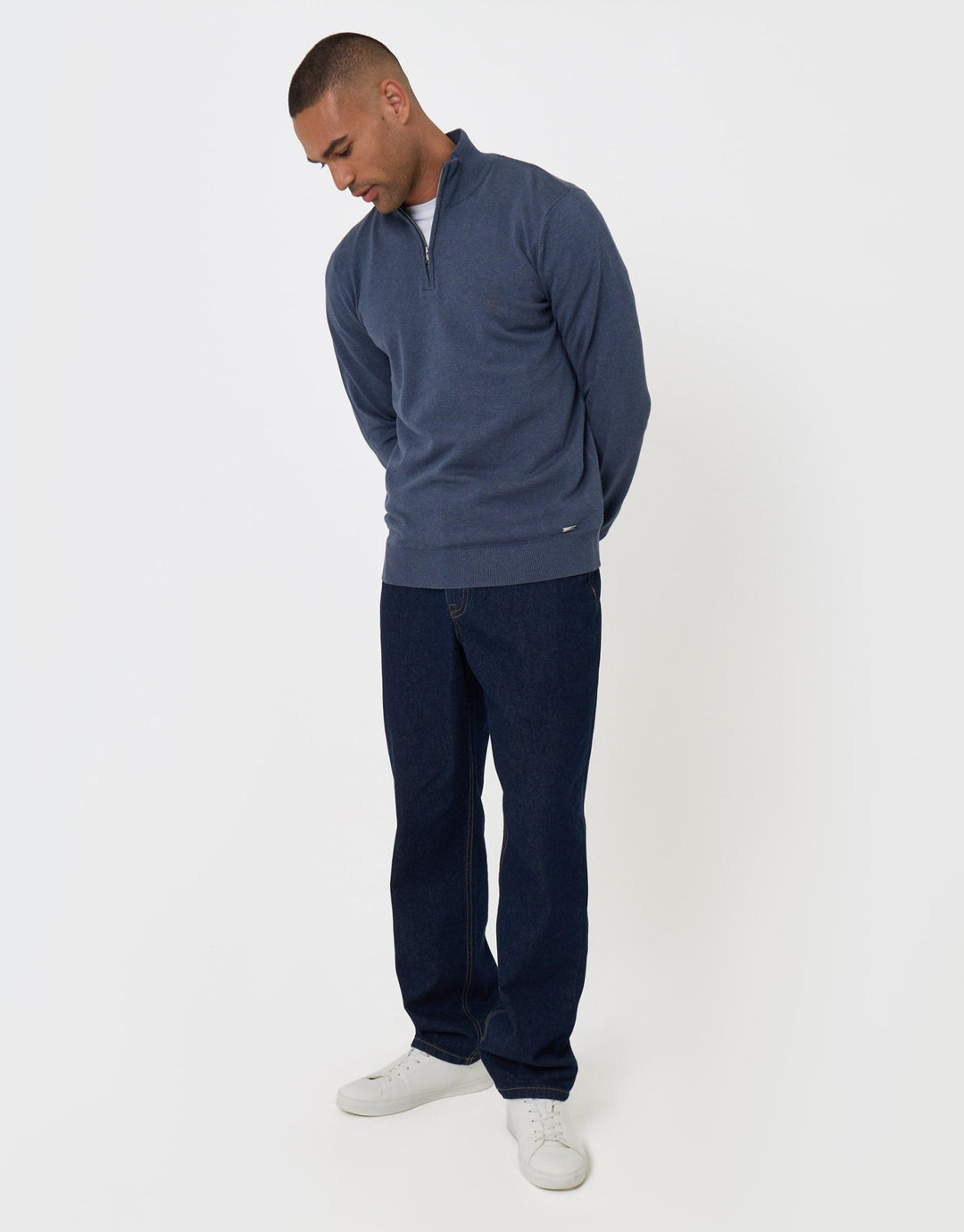 Threadbare Funnel Neck Quarter Zip Knitted Jumper in Denim Blue Marl - full body