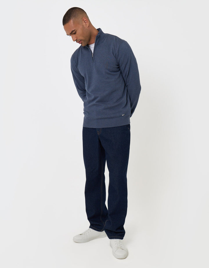 Threadbare Funnel Neck Quarter Zip Knitted Jumper in Denim Blue Marl - full body