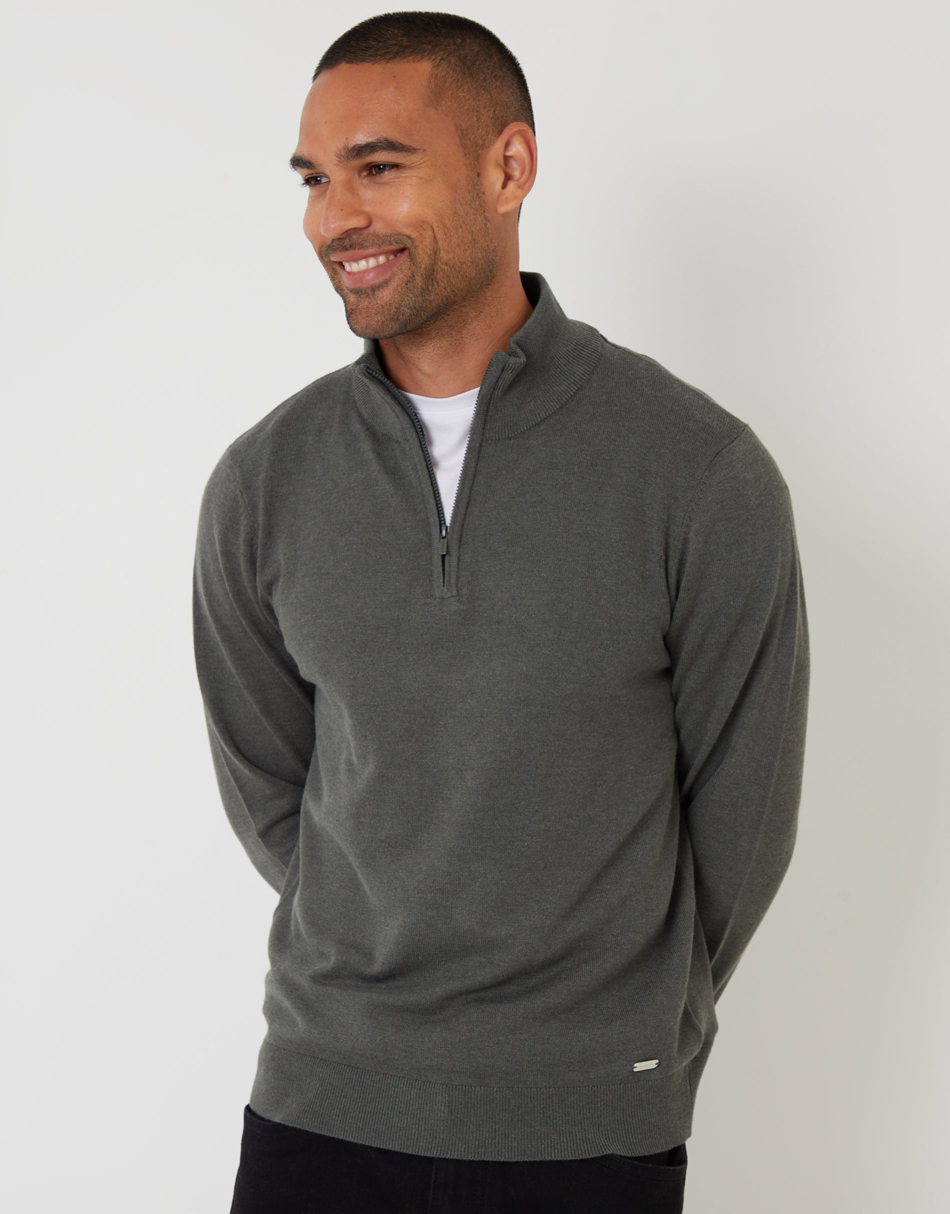 Threadbare Men's Green Marl Funnel Neck Quarter Zip Knitted Jumper