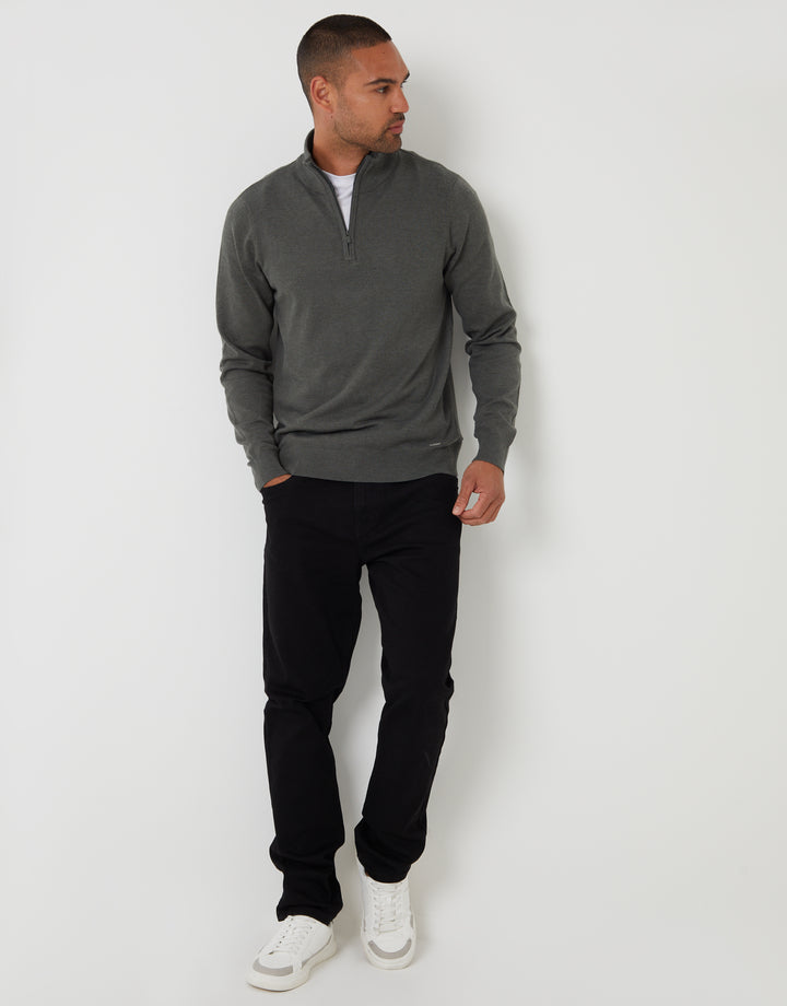 Green Marl Funnel Neck Quarter Zip Knitted Jumper