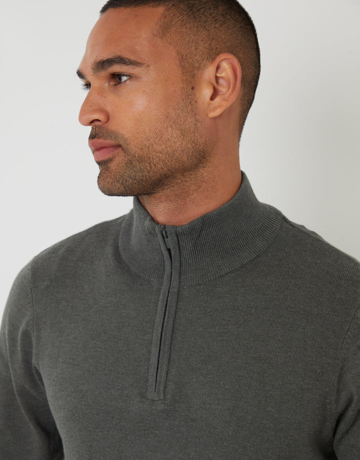 Green Marl Funnel Neck Quarter Zip Knitted Jumper