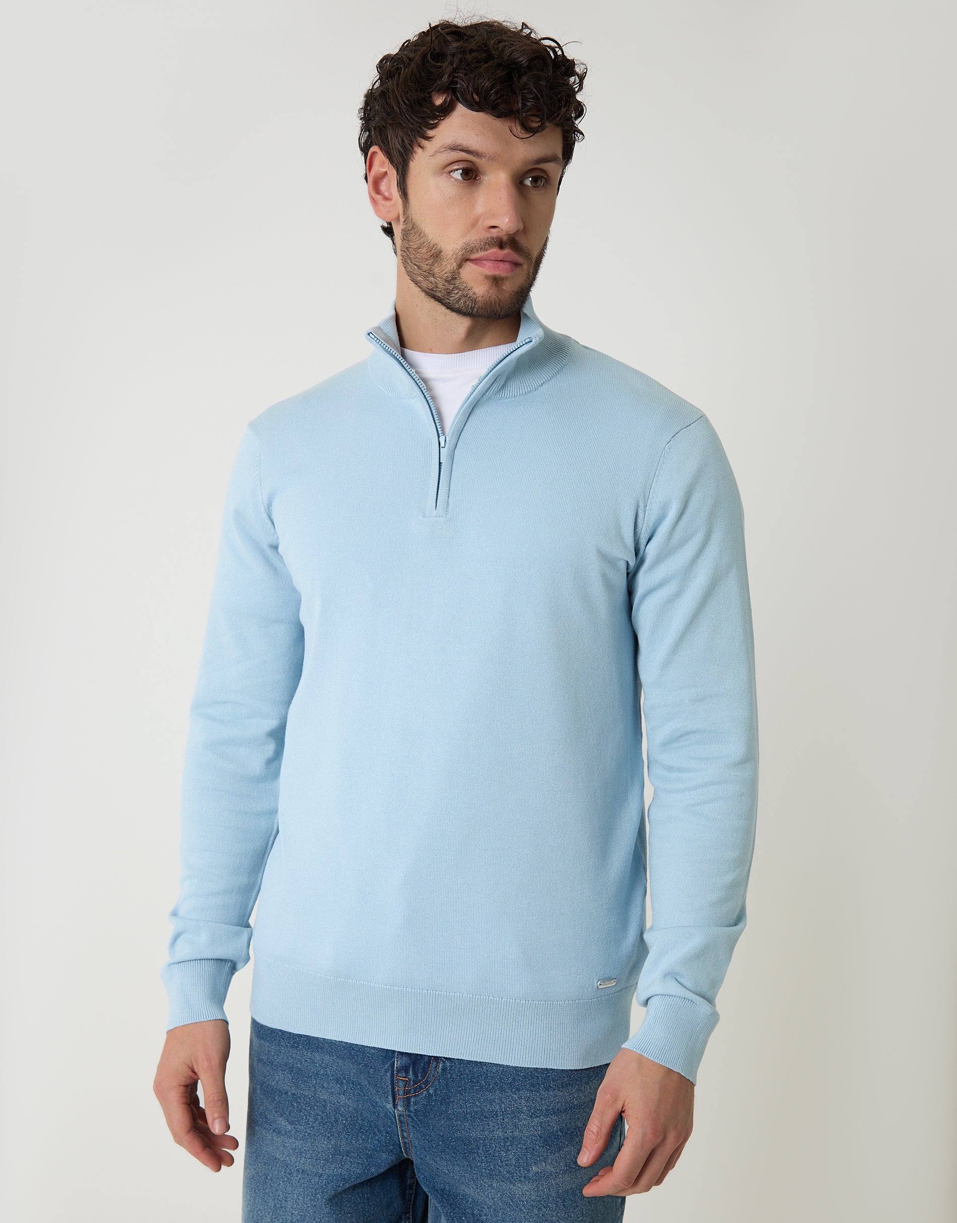 Funnel Neck Quarter Zip Knitted Jumper in Light Blue