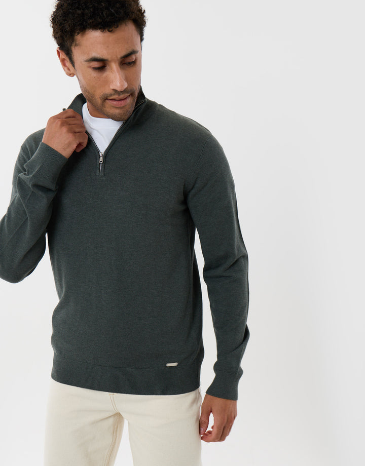Threadbare Funnel Neck Quarter Zip Knitted Jumper in Forest Green - front view