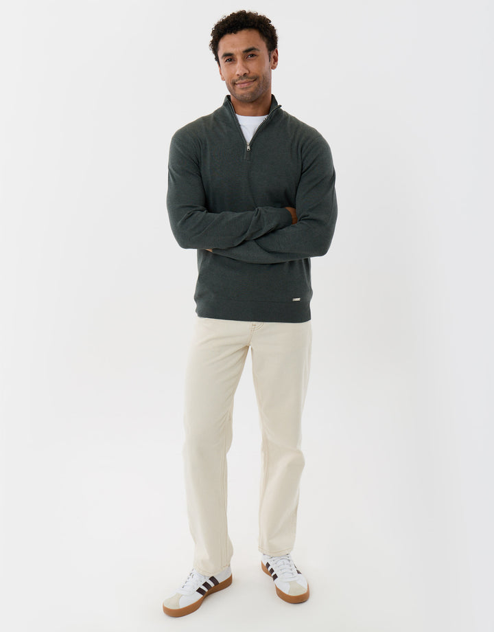 Threadbare Funnel Neck Quarter Zip Knitted Jumper in Forest Green - full body