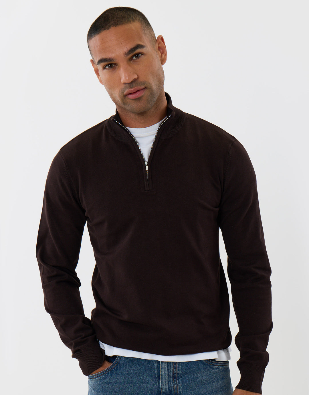 Threadbare Funnel Neck Quarter Zip Knitted Jumper in Chocolate Brown - front view