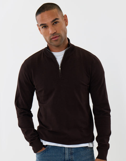Threadbare Funnel Neck Quarter Zip Knitted Jumper in Chocolate Brown - front view