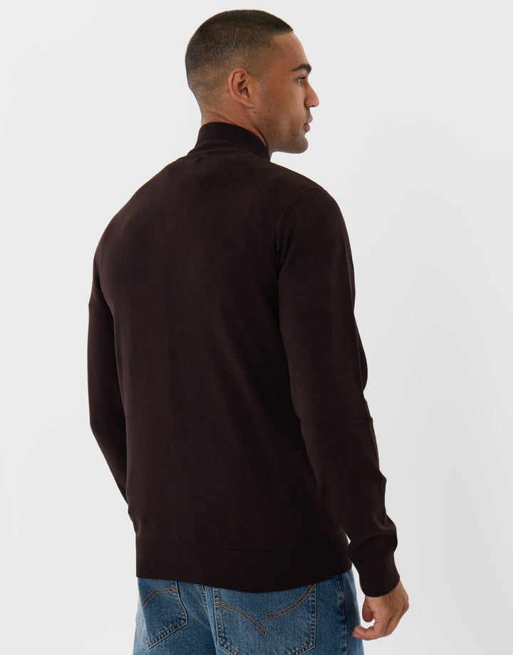 Threadbare Funnel Neck Quarter Zip Knitted Jumper in Chocolate Brown - back view