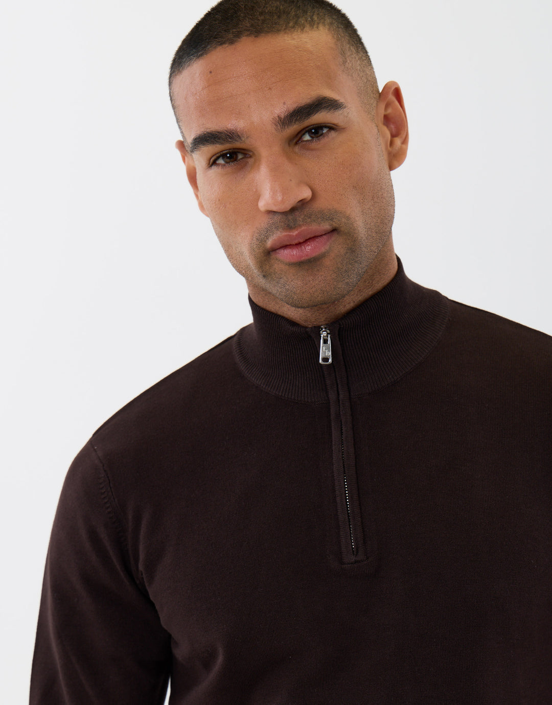Threadbare Funnel Neck Quarter Zip Knitted Jumper in Chocolate Brown - close up
