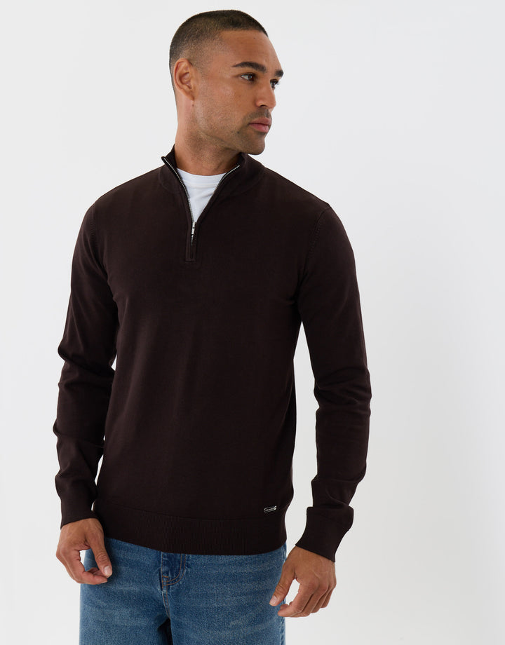 Threadbare Funnel Neck Quarter Zip Knitted Jumper in Chocolate Brown - side view
