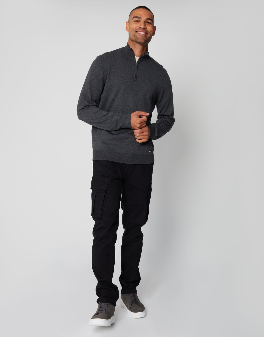 Charcoal Grey Funnel Neck Quarter Zip Knitted Jumper